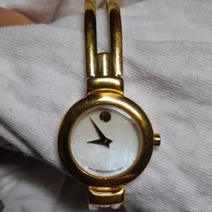 Gold Quartz Saphire Crystal Mother Of Pearl Women's Movado Bangle Watch